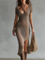 Boho Hollow Knitted Single Side Slit Midi Dress