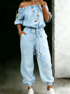 Women’s Casaul Off Shoulder Cotton One Piece Denim Jumpsuit