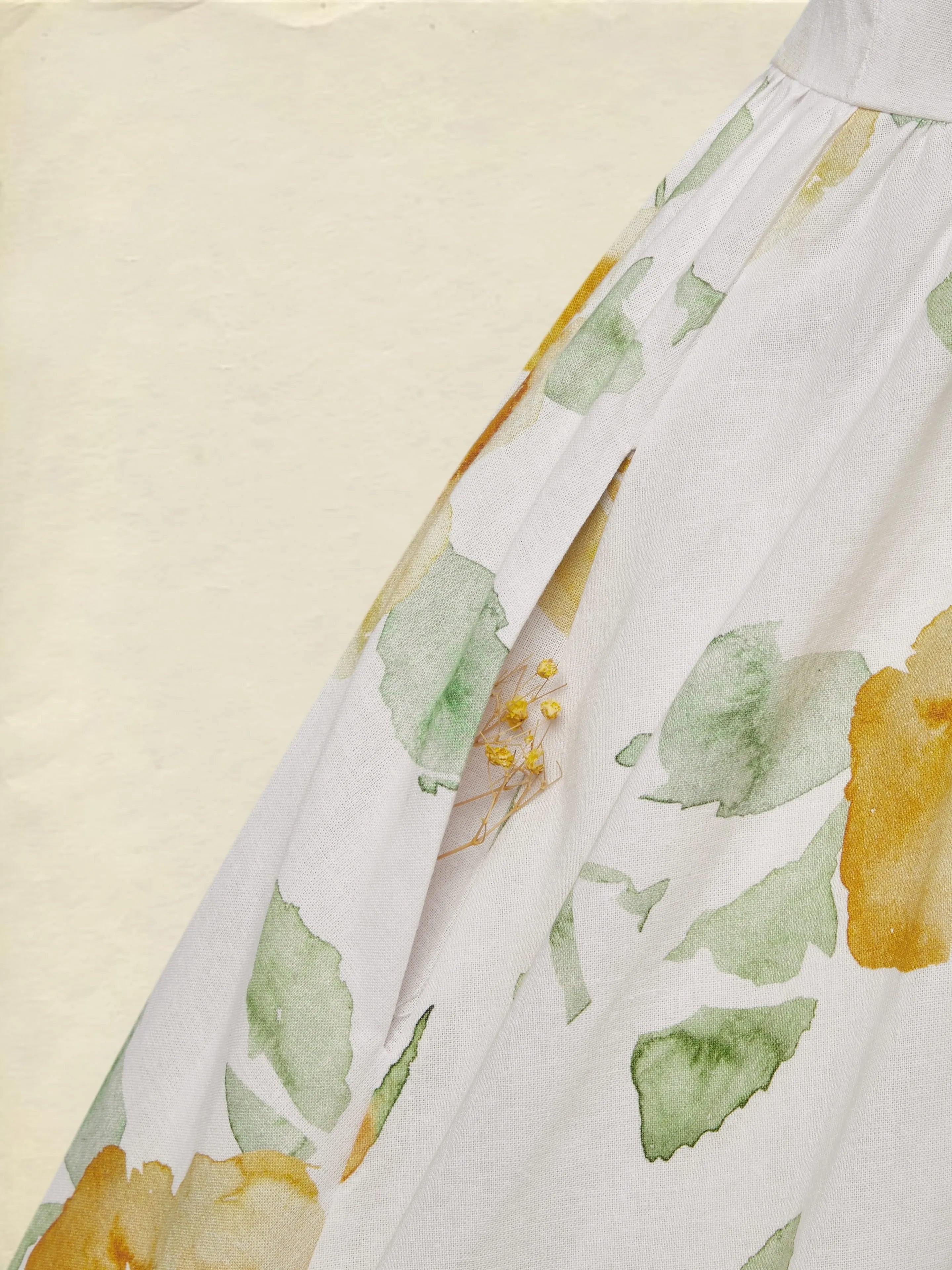 Linen Midi Dress, Short Sleeve, Floral, Vintage, White