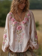 Bohemian Retro Style Plant Flower Design Women's  Linen Long-sleeve Top