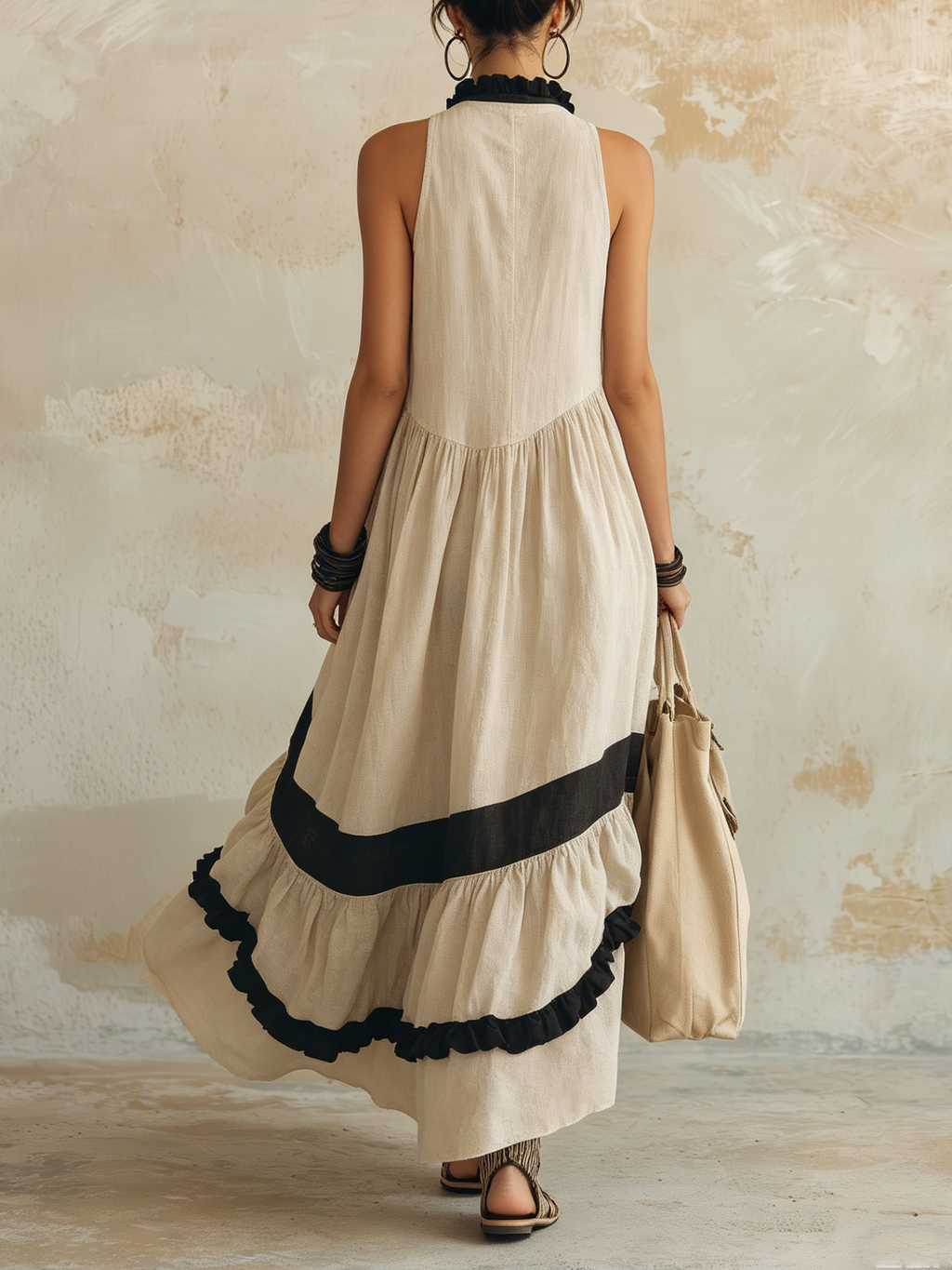 Contrast Ruffle Halter Tiered Linen Maxi Dress