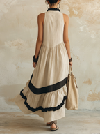 Contrast Ruffle Halter Tiered Linen Maxi Dress
