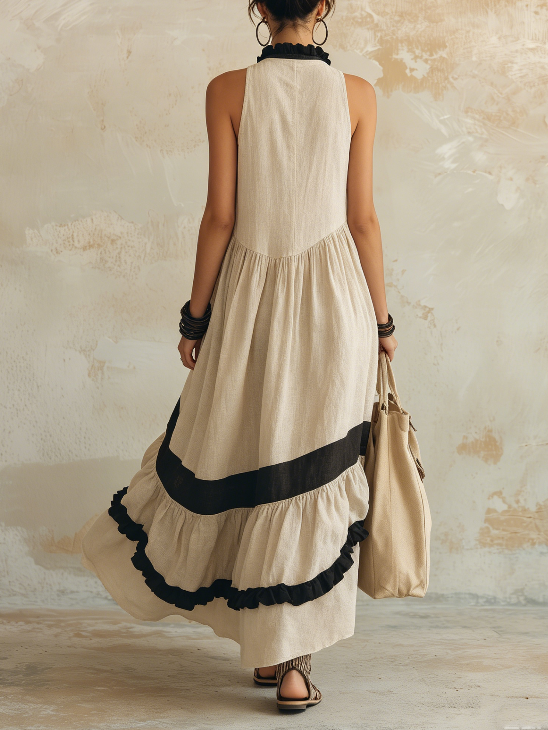 Contrast Ruffle Halter Tiered Linen Maxi Dress