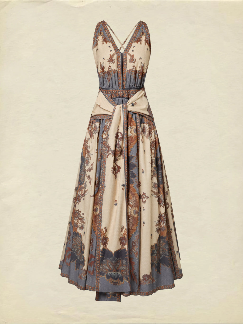 Maxi Cotton Dress, Sleeveless, V Neck, Floral, Belt Design, Vacation, Vintage, Apricot