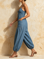 Blue Denim V-Neck Harem Jumpsuit | Adjustable Hem Casual Boho Style