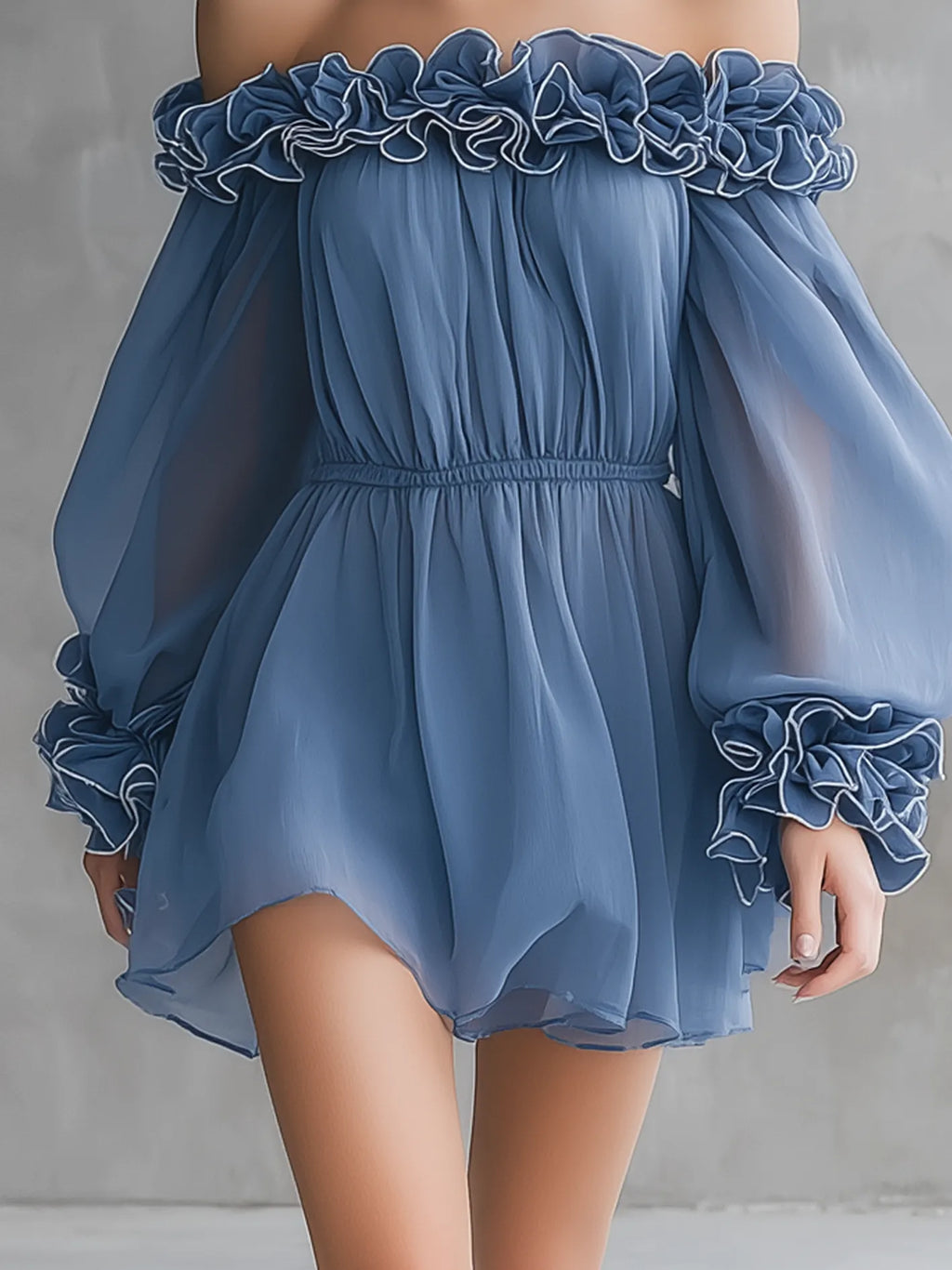 Dusty Blue Ruffled Trim Chiffon Off-Shoulder Mini Dress
