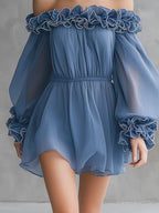 Dusty Blue Ruffled Trim Chiffon Off-Shoulder Mini Dress