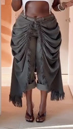 Dark Grey Front Ruched Fringe Asymmetric Capri Pants