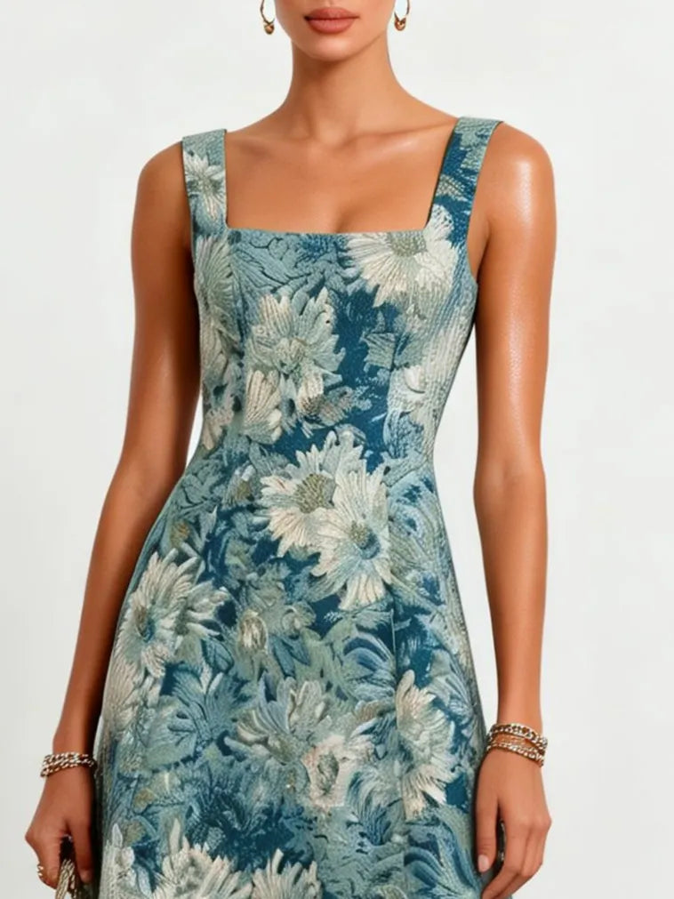 Blue Jacquard Classic Square Neck Sleeveless A-Line Midi Dress