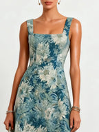 Blue Jacquard Classic Square Neck Sleeveless A-Line Midi Dress