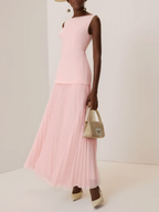 Off White Pleated Classic Boat Neck Sleeveless A-Line Floor-length Gown Dress