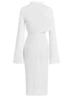 White Slit Chiffon Mock Neck Long Sleeve Bodycon One-shoulder Midi Dress with Matching Shrug