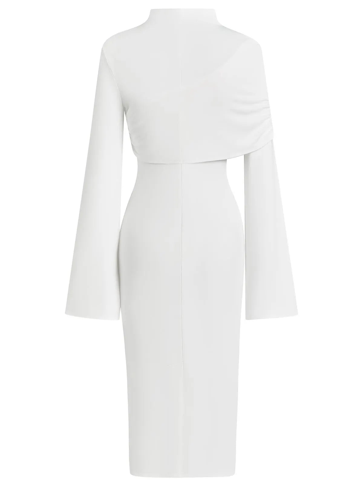White Slit Chiffon Mock Neck Long Sleeve Bodycon One-shoulder Midi Dress with Matching Shrug
