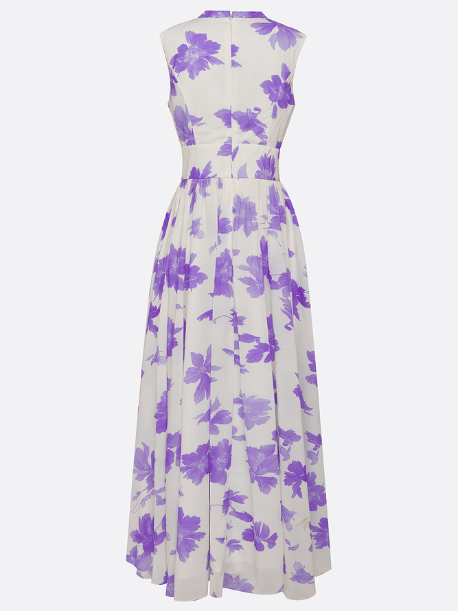 Lavender Purple Floral Chiffon V Neck Sleeveless A-Line Maxi Dress