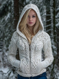 Women's Viking Style Celtic Knot Snow-white Hooded Cardigan Sweater