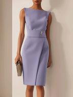 Lavender Purple Rhinestone Classic Boat Neck Sleeveless Sheath Midi Dress