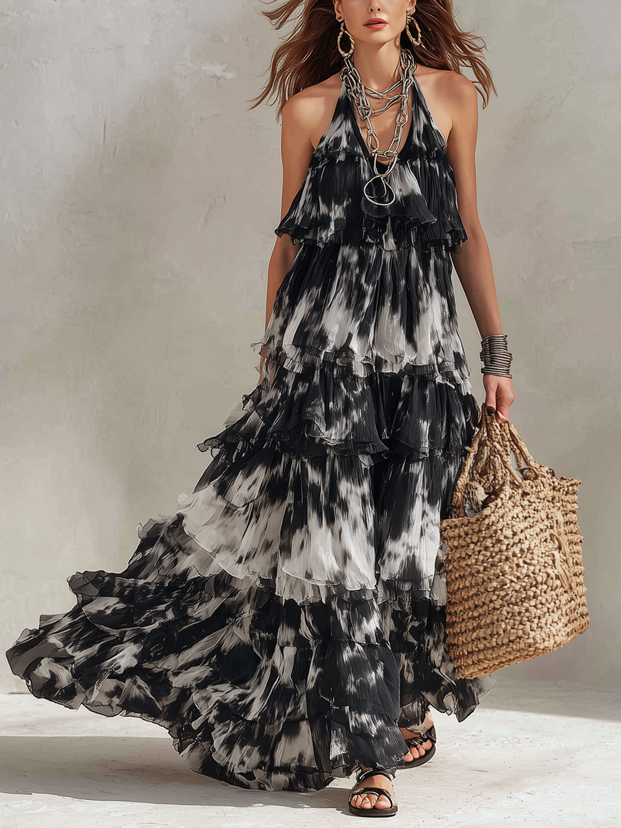 Black And White Tie-dye Halter Neck Layered Ruffle Long Dress