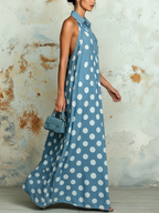 Lightweight Denim Polka Dot Halter Maxi Dress
