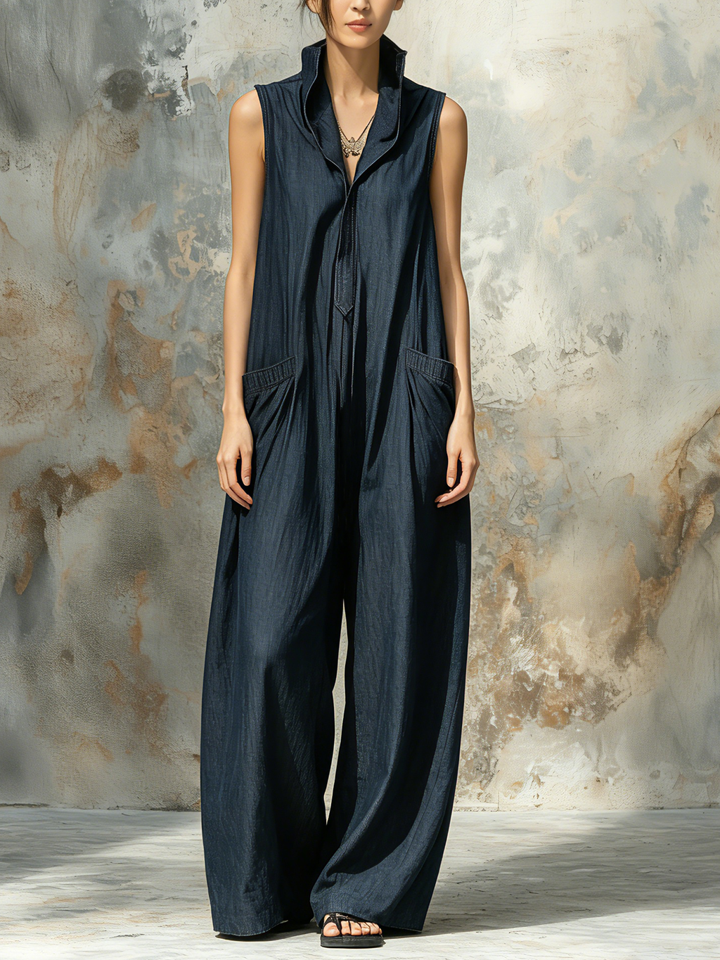 Dark Blue Denim Sleeveless Oversized Wide Leg Jumpsuit