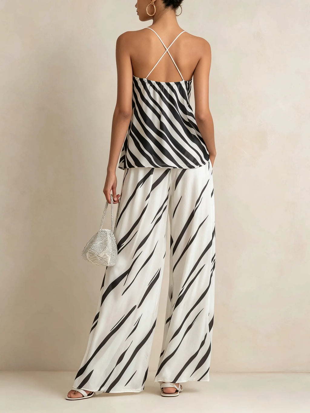 Abstract Stripe Halter Top & Wide-Leg Pants Set