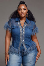 Plus Size Denim Fringe Rhinestone Top