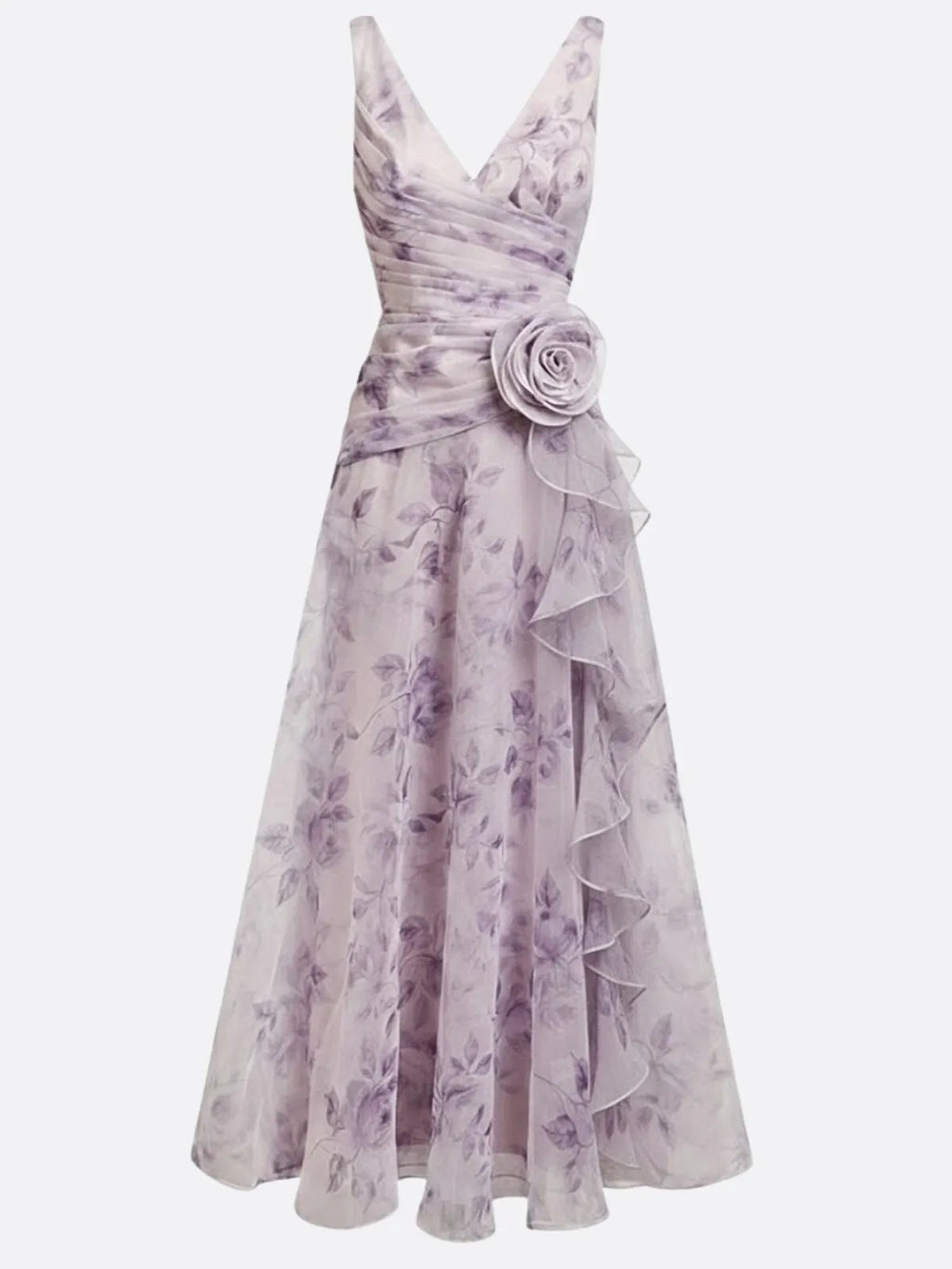 Purple 3D Floral Chiffon V Neck Sleeveless A-Line Gown Dress