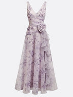 Purple 3D Floral Chiffon V Neck Sleeveless A-Line Gown Dress