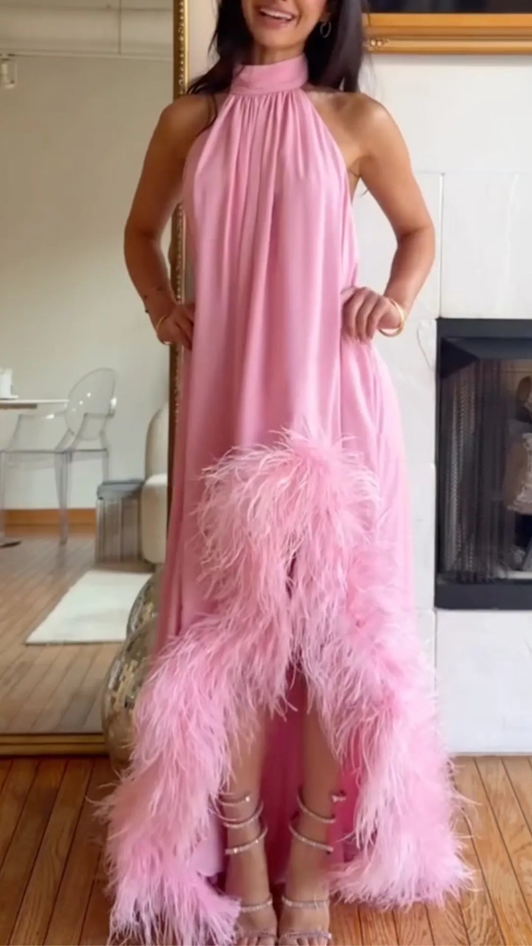 Pink Halter Feather Slit Maxi Gown