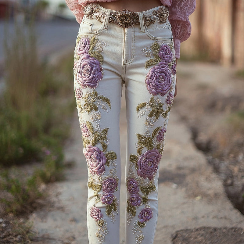 Vintage Purple Roses Embroidered White Skinny Jeans