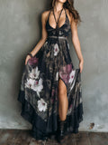 Boho Midnight Orchid Floral Chiffon Halter Maxi Dress