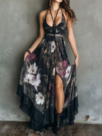 Boho Midnight Orchid Floral Chiffon Halter Maxi Dress