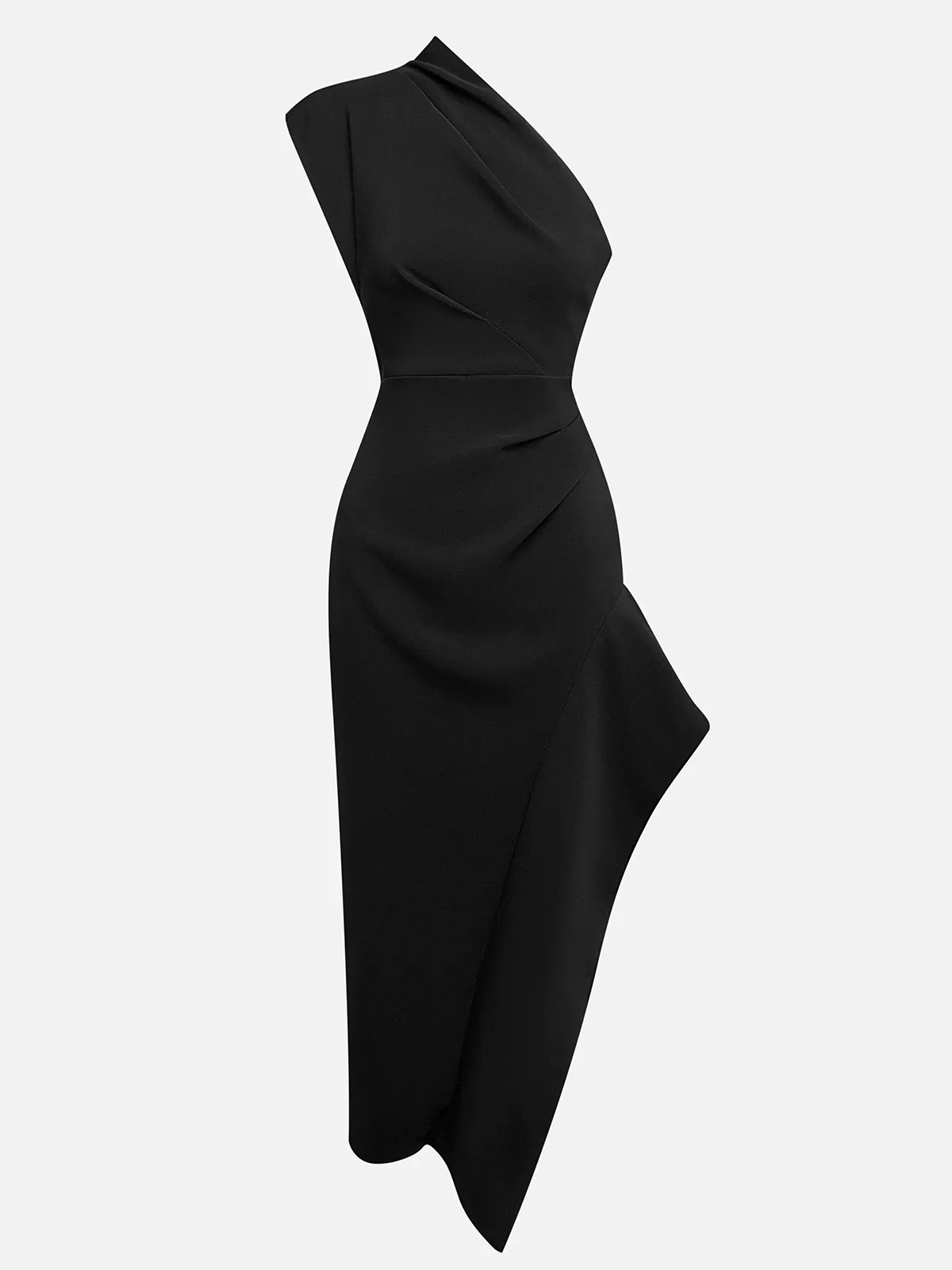 Black Asymmetrical Ruched One-Shoulder Slit A-Line Midi Dress