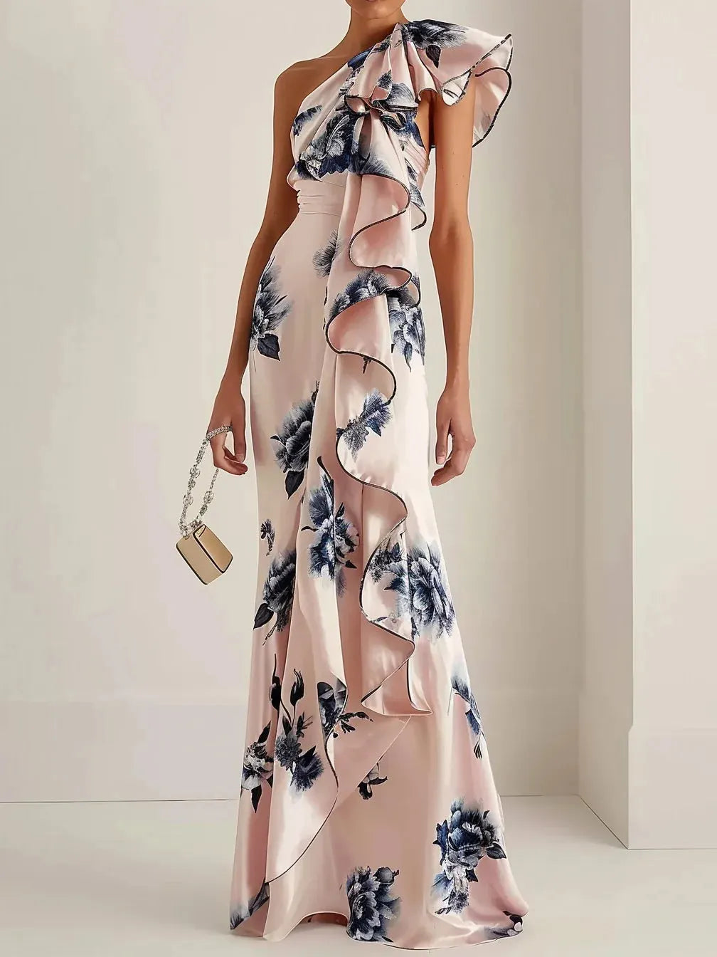 Pink Floral Satin One-Shoulder Ruffled A-Line Maxi Dress