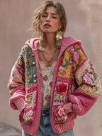 Women's Vintage Bohemian Floral Embroidery Patchwork Art Zipper Knit Hooded Sweater