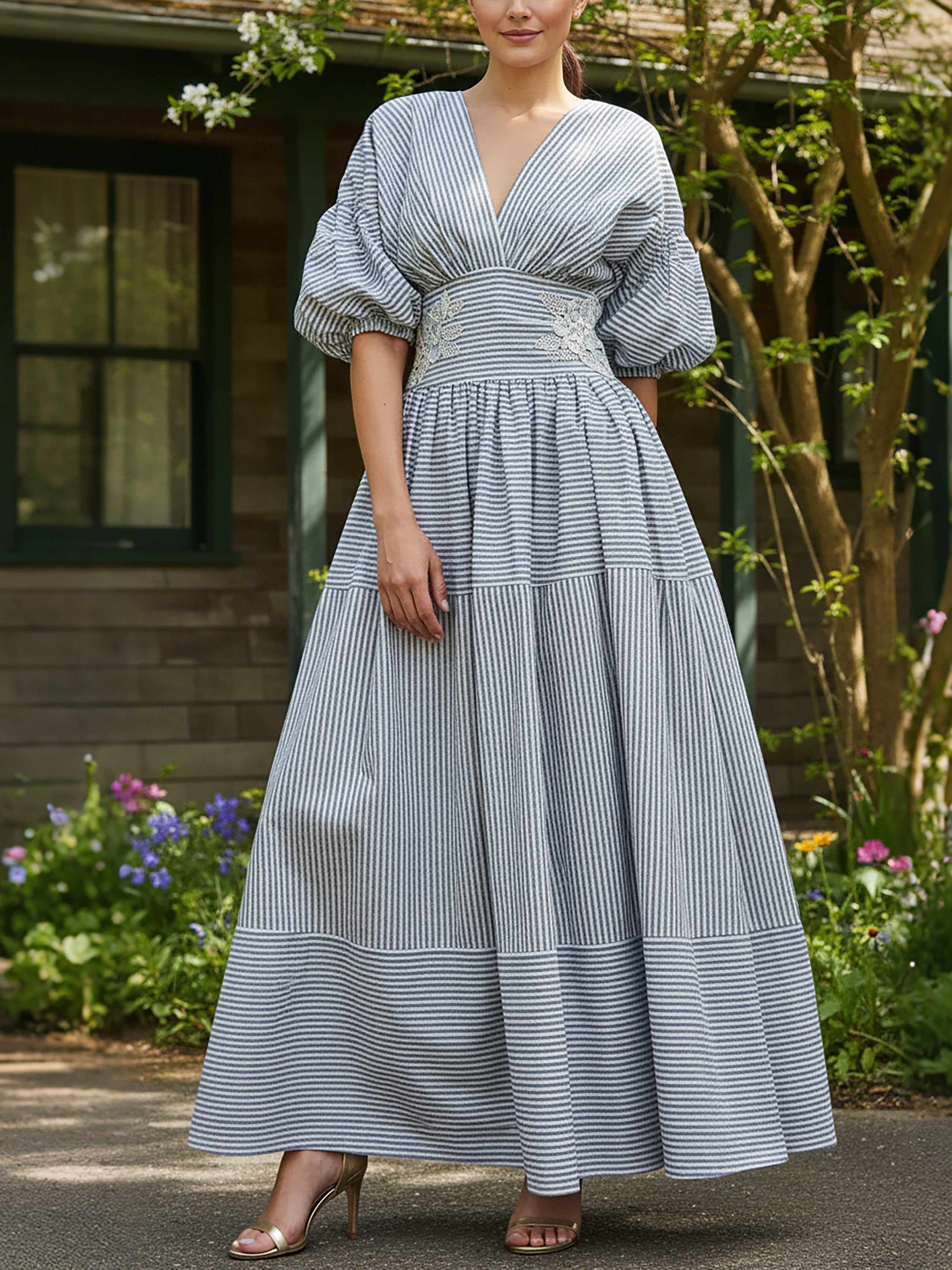 Maxi Cotton Dress, Half Sleeve, V Neck, Plaid, Lace, Vintage, Blue