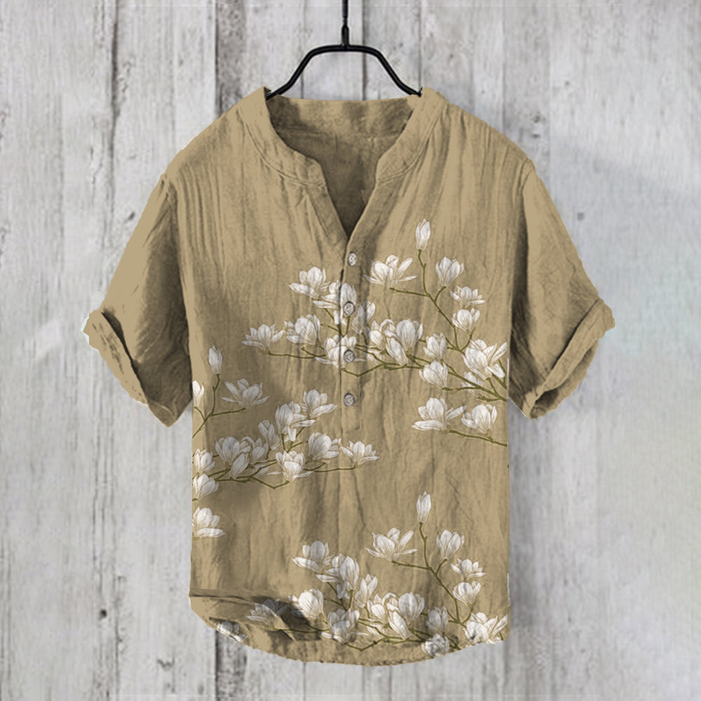 Vintage Japanese Magnolia Flower Casual Linen Blend Shirt