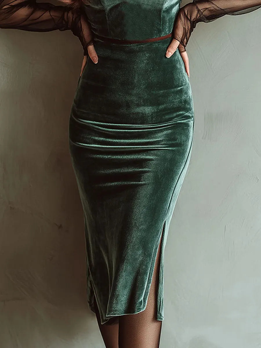 Emerald Velvet Sheer Mesh Sleeves Bodycon Midi Dress With Side Slit