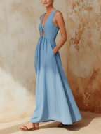 Light Wash Denim Sleeveless Maxi Dress V-Neck With Cutout Detail