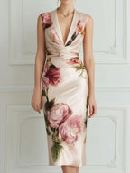 Deep V-Neck Draped Waist Floral Print Fitted Midi Dress