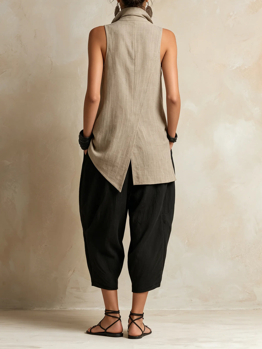 Asymmetric Linen-Blend Vest & Barrel Pants Set