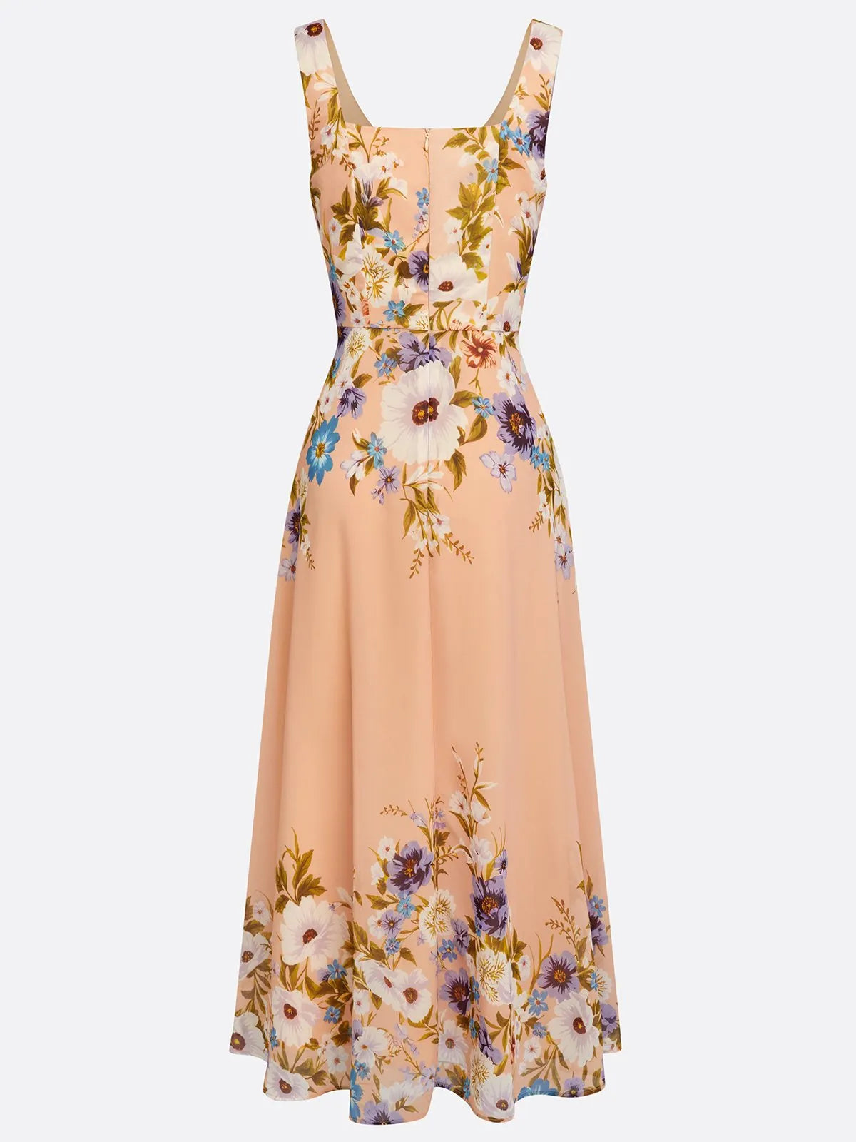 Apricot Floral Chiffon Square Neck Sleeveless A-Line Maxi Dress