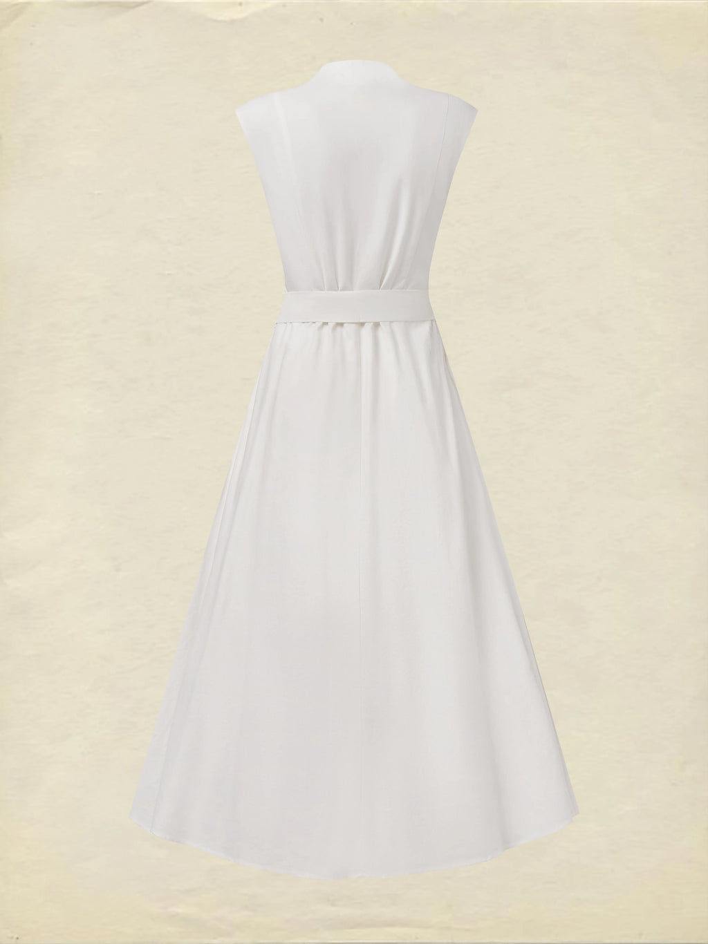 Midi Linen Dress , Sleeveless, V Neck, Plain, Belt Design, Vintage, White