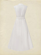 Midi Linen Dress , Sleeveless, V Neck, Plain, Belt Design, Vintage, White