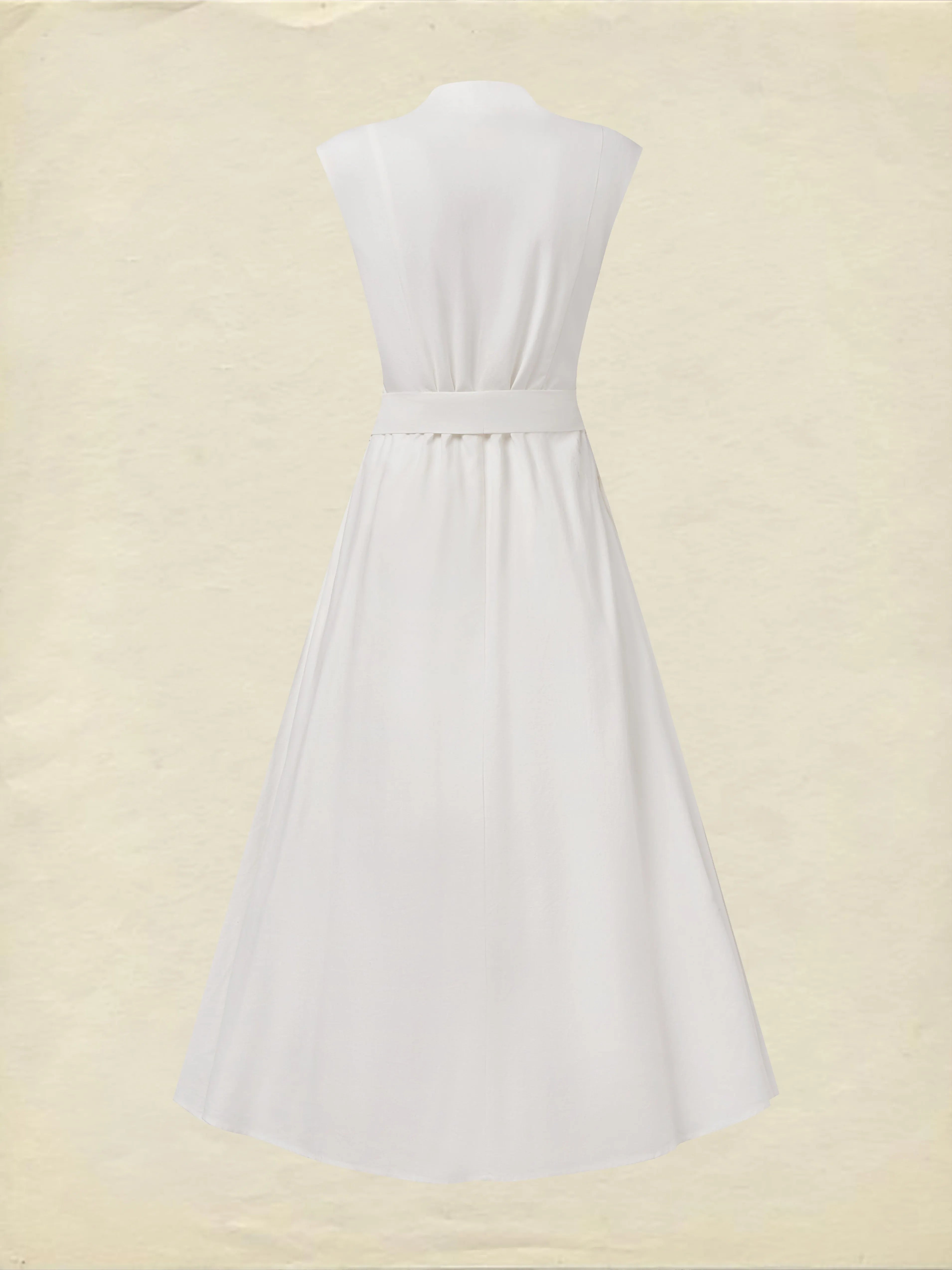 Midi Linen Dress , Sleeveless, V Neck, Plain, Belt Design, Vintage, White
