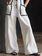 Casual Retro Lace-trimmed White Cotton And Linen Sleeveless Wide-leg Jumpsuit