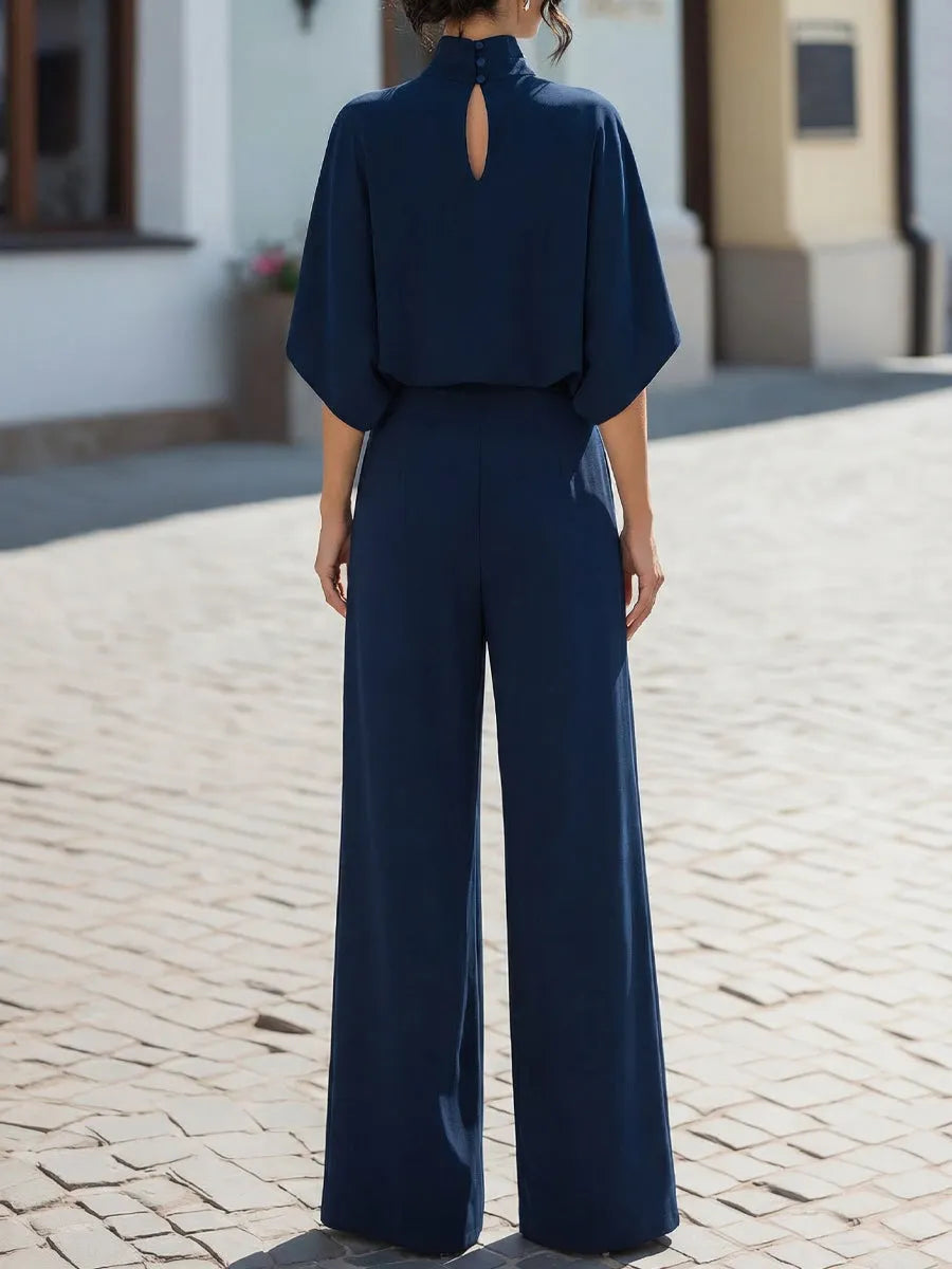 Minimalist High-Neck Draped Blouse & Wide-Leg Trouser Set