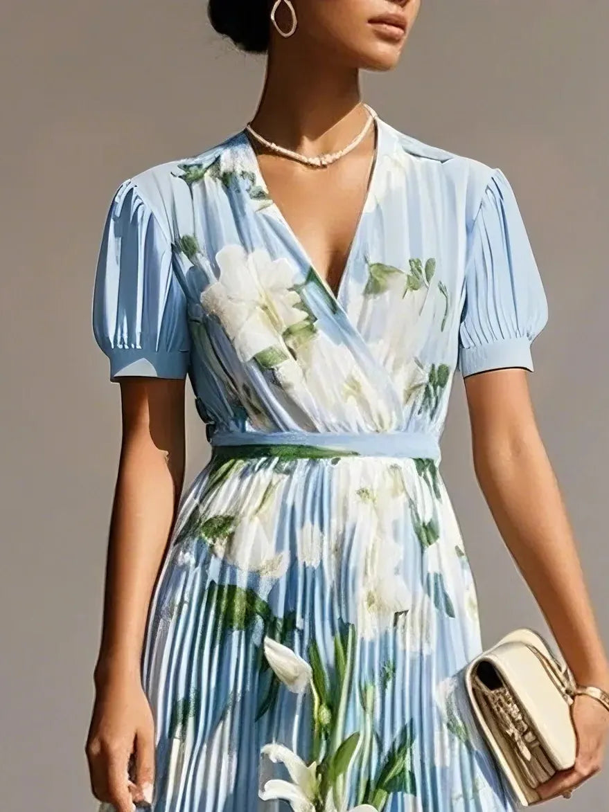 Light Blue Pleated Floral Chiffon V Neck Short Sleeve Balloon Sleeve A-Line Maxi Dress