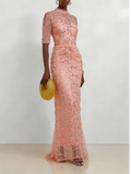 Peach Mesh Lace Crew Neck Half Sleeve Sheath Gown Dress