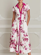 Elegant Floral Shirt Collar Midi Dress