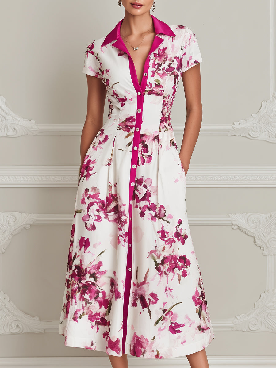Elegant Floral Shirt Collar Midi Dress